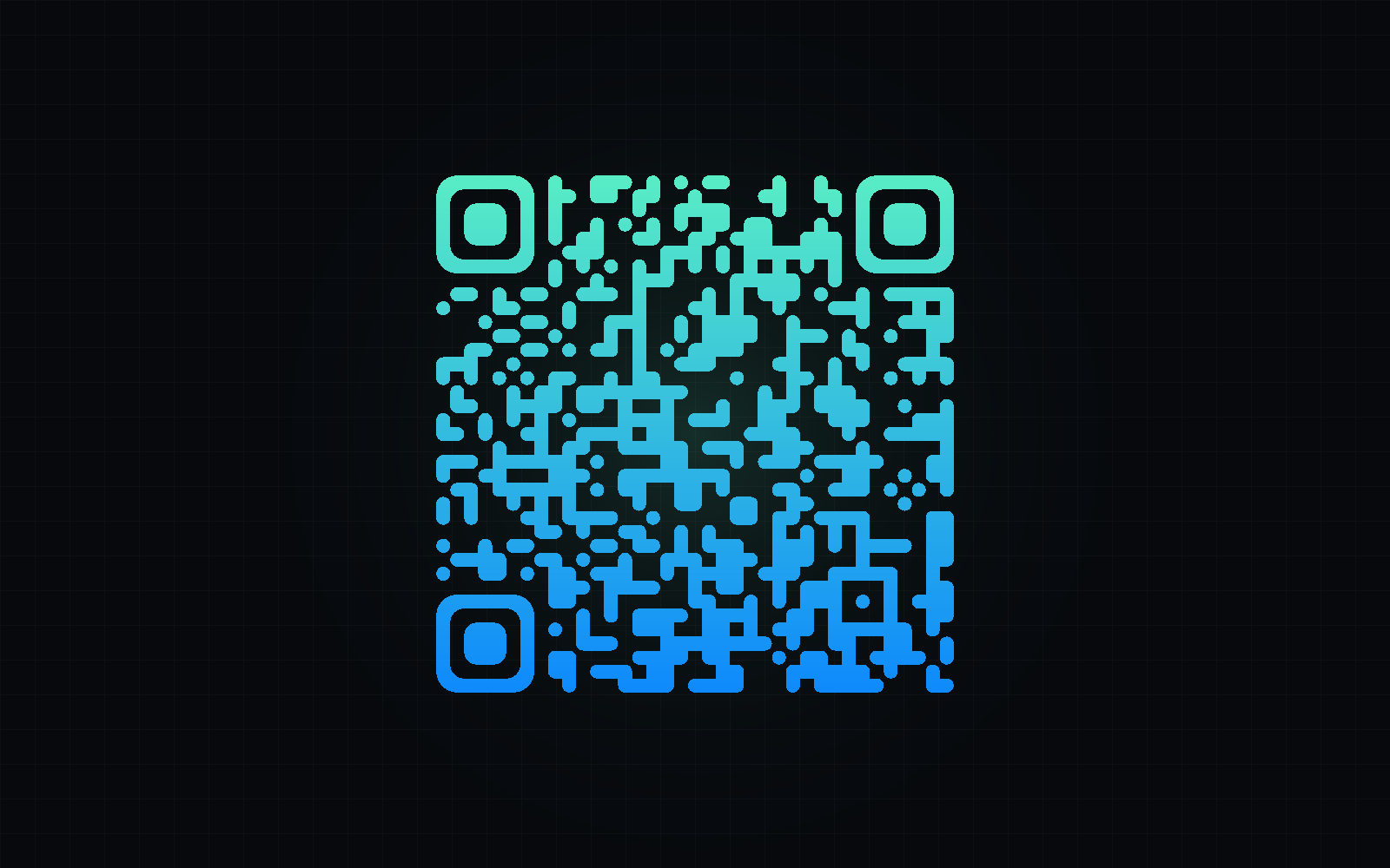 A QR code with rounded, flowing modules in a mint-to-blue gradient on a dark grid background